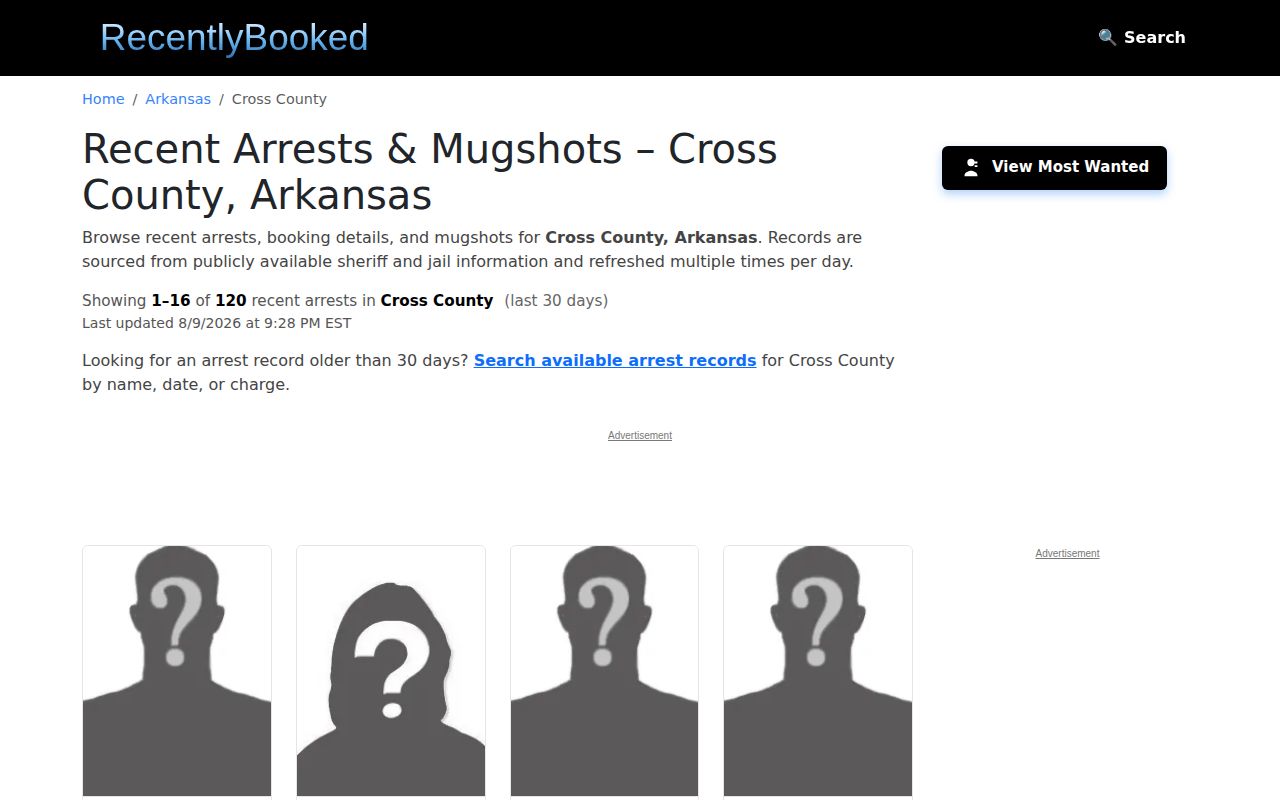 Unofficial Cross County arrest record cards on RecentlyBooked