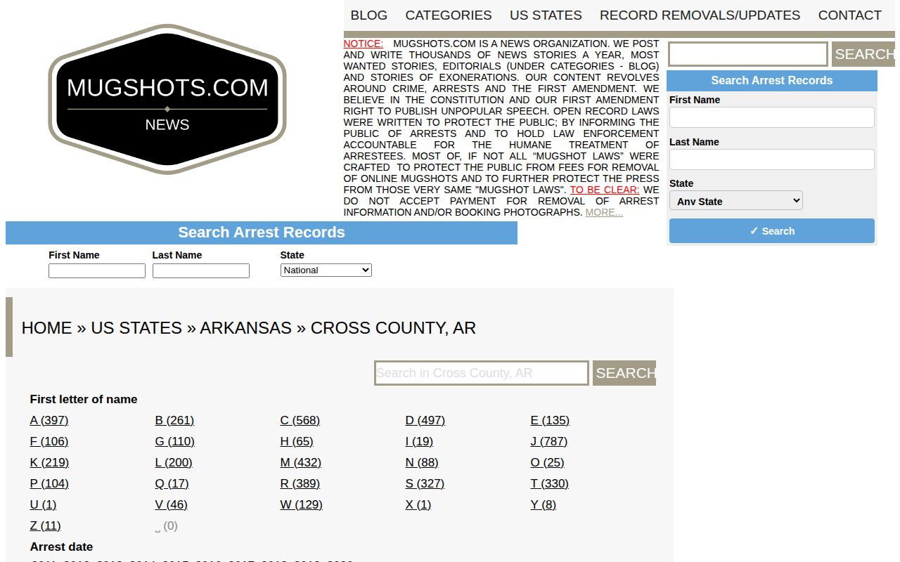 Unofficial older Cross County mugshot archive navigation
