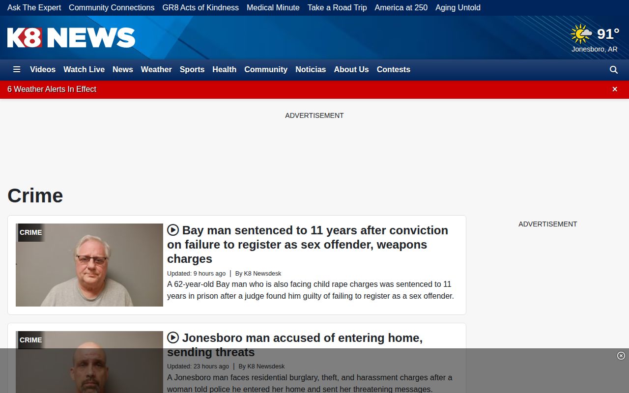 K8 regional crime news stream covering Cross County arrests