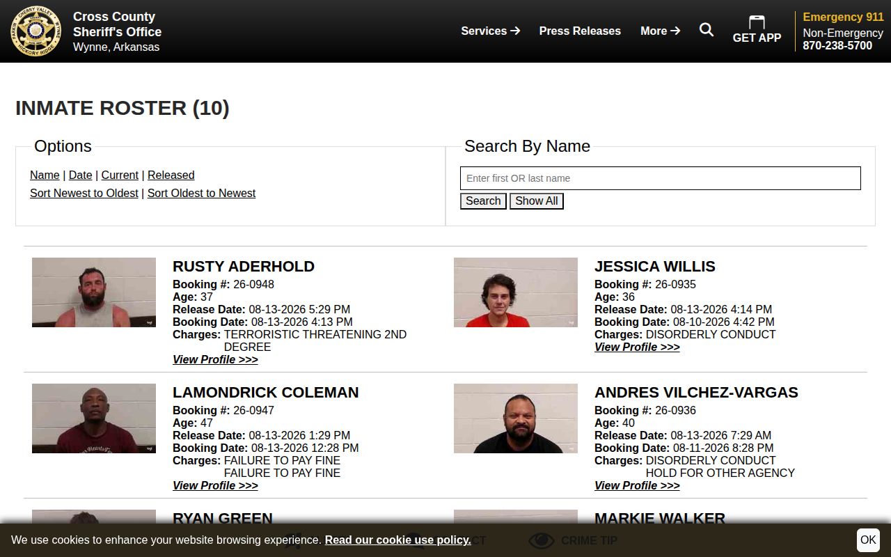 Cross County 48 hour released booking record view