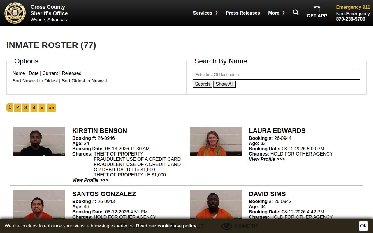 Cross County current inmate booking roster interface