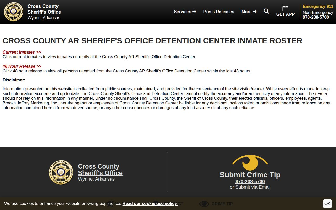 Cross County jail roster search choices for booking records