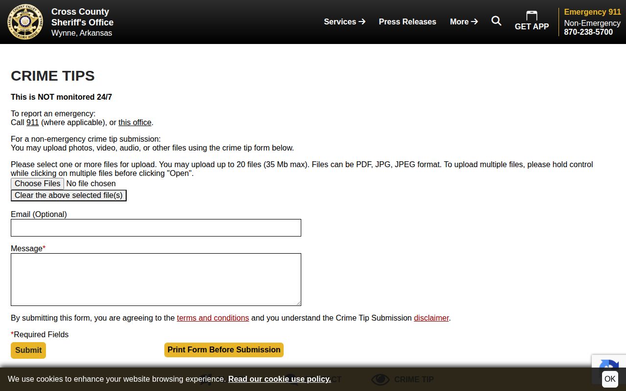 Cross County sheriff crime tip submission notice