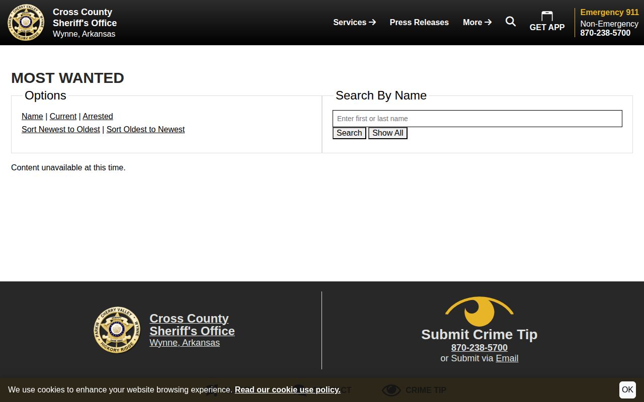 Cross County Sheriff's Most Wanted official interface